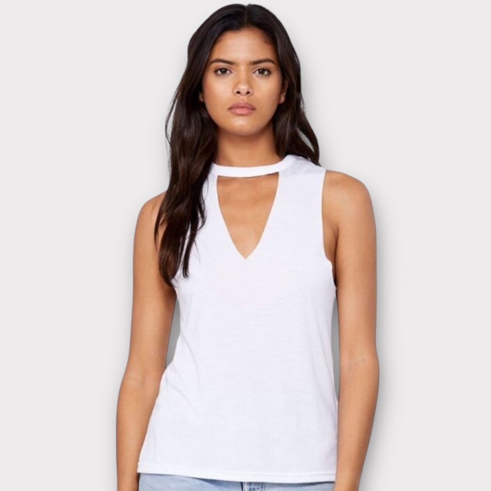 NWT. White Cutout V Neck Raw Hem Tank Top